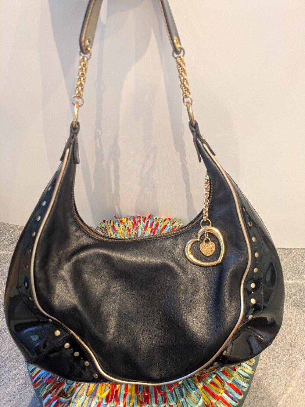 Lovecat Paris Large Shoulder Hobo Bag glossy patent leather, gold-tone hardware.